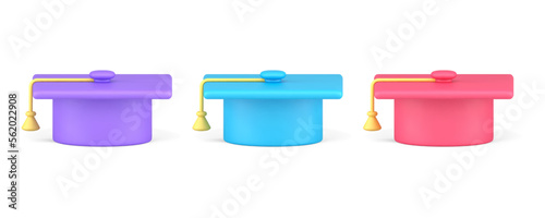 Graduation cap with tassel online education e learning set 3d icon realistic vector illustration