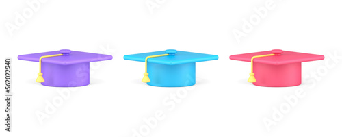 Education graduation cap e learning academic headdress with tassel 3d icon set realistic vector