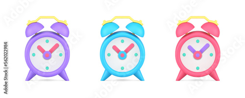 Vintage alarm clock morning ring mechanical clockwise time reminder 3d icon set realistic vector