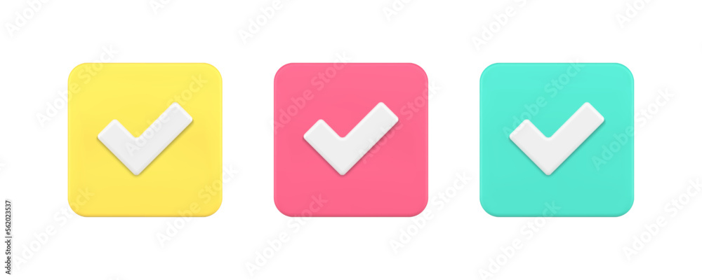 Done check mark squared button agreement checkbox checklist correct choice 3d icon set vector Done check mark squared button agreement checkbox checklist correct choice 3d icon set vector