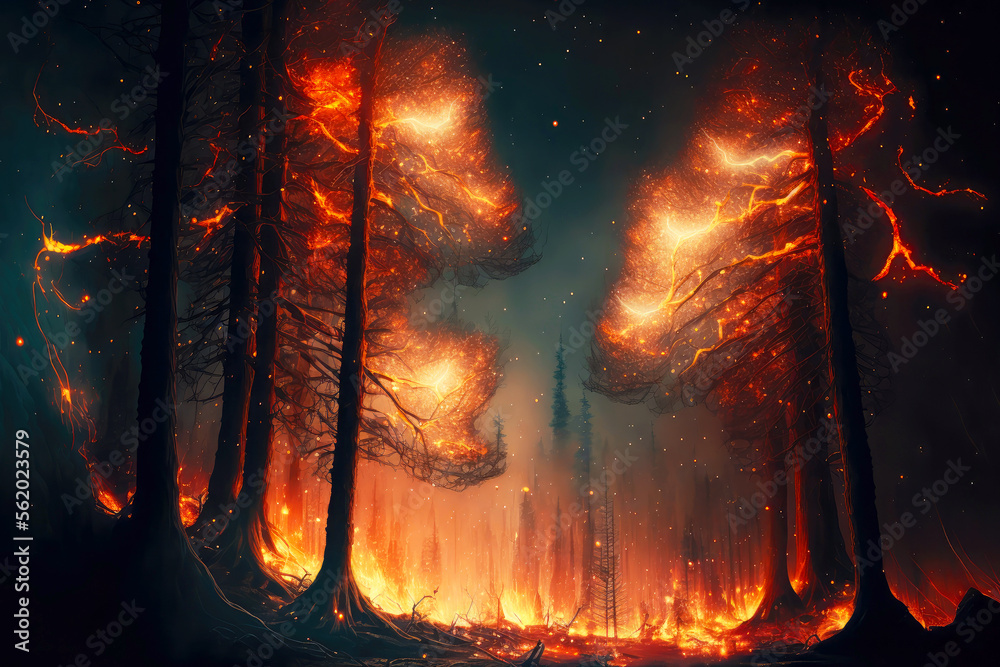 flaming trees and sparks from fire during forest wildfire Stock