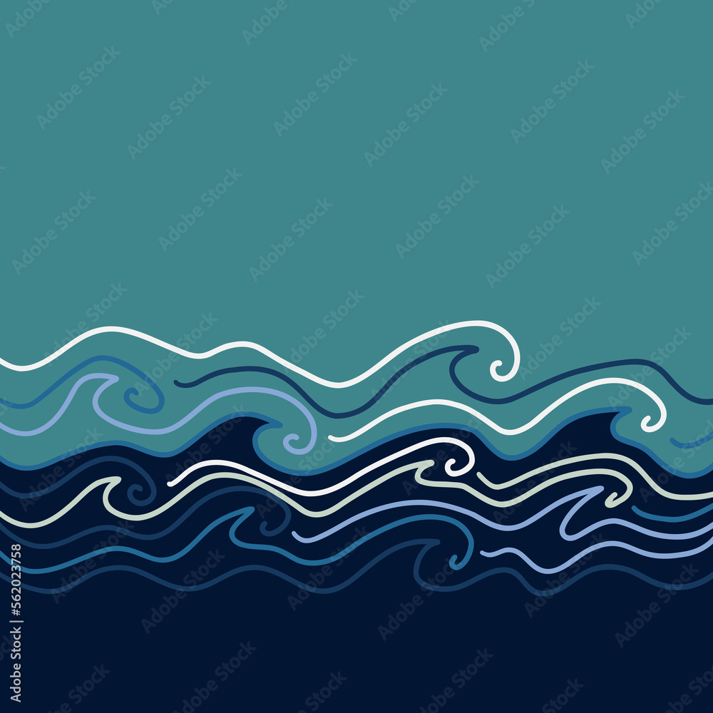 Hand-drawn ocean waves illustration in teal and navy, line art style ...