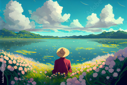 Digital anime style art painting of a man sitting with flowers in front of a beautiful lake photo