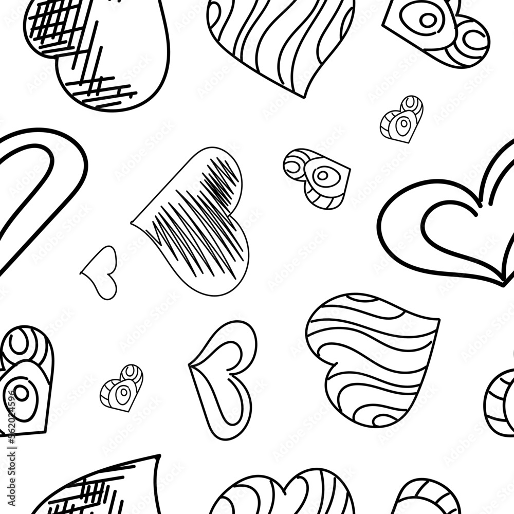 Seamless pattern of hand-drawn hearts in black and white on a white background.