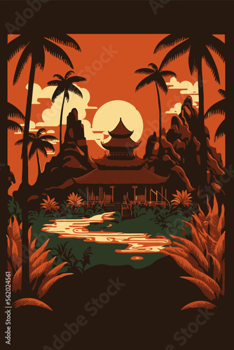bali hindu temple, balinese culture background indonesia tourism retro style