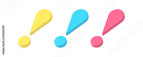 Exclamation mark caution attention important information 3d icon set realistic vector illustration