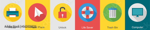 A set of 6 User interface icons as printer, paper plane, unlock