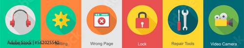 A set of 6 User interface icons as headphone, setting, wrong page