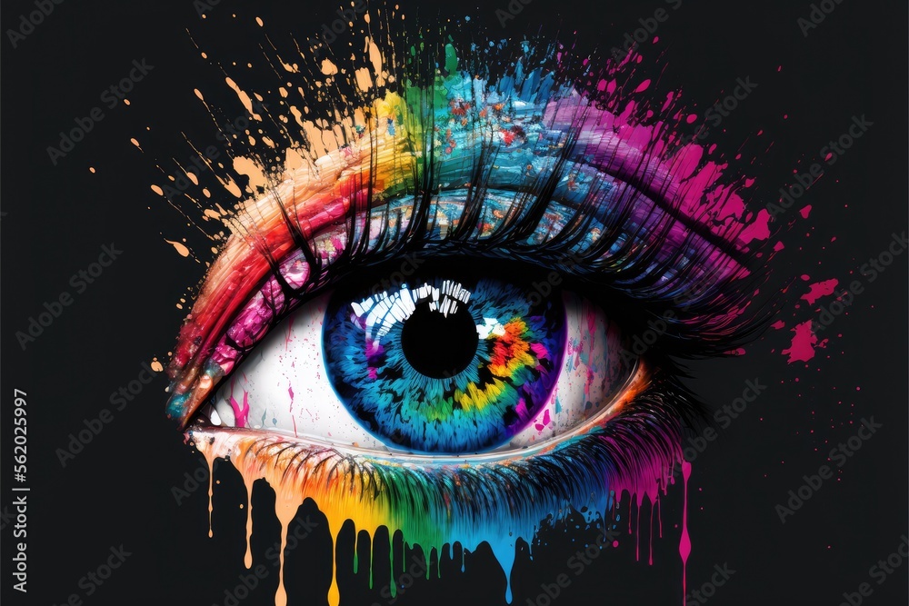 Human eye close up with colorful paint , ink splashes and drips, Generative AI, 