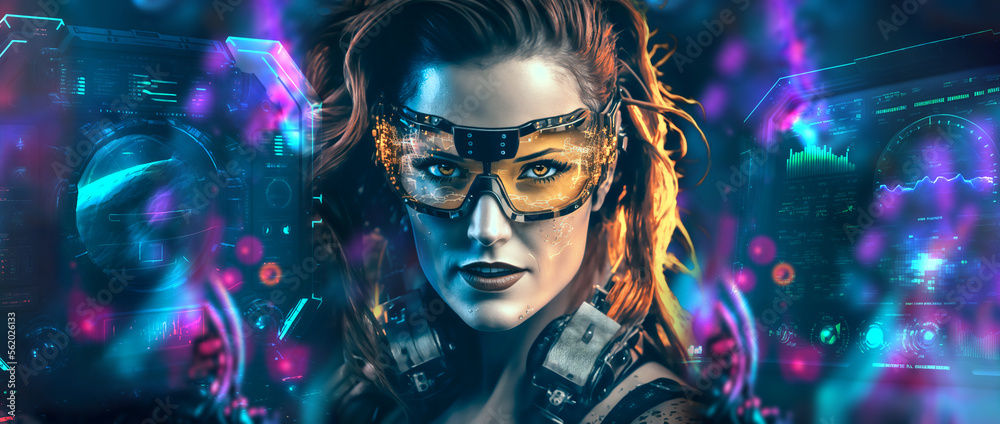 AI Metaverse woman wearing VR headset holographic glasses, futuristic technology  Generative AI 