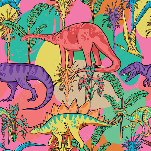 Seamless  bright  Dino pattern, print for T-shirts, textiles, wrapping paper, web. Original design with t-rex, dinosaur.  grunge design for boys and girls