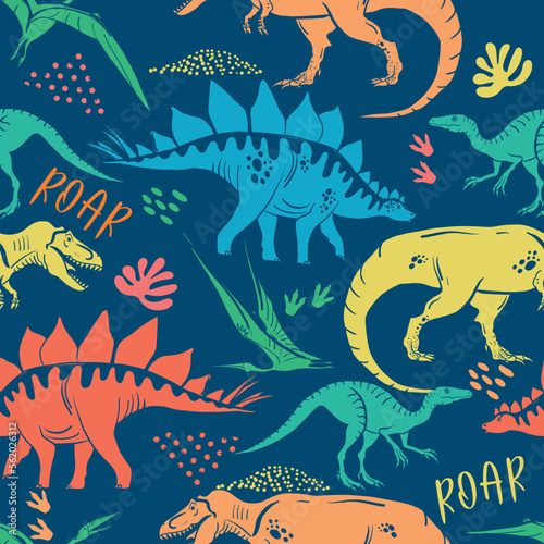 Seamless  bright  Dino pattern, print for T-shirts, textiles, wrapping paper, web. Original design with t-rex, dinosaur.  grunge design for boys and girls