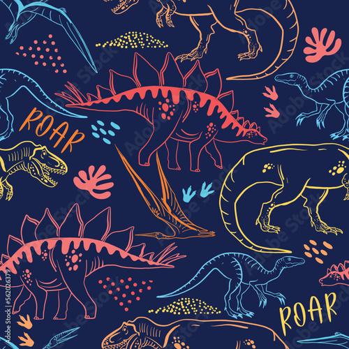 Seamless  bright  Dino pattern, print for T-shirts, textiles, wrapping paper, web. Original design with t-rex, dinosaur.  grunge design for boys and girls