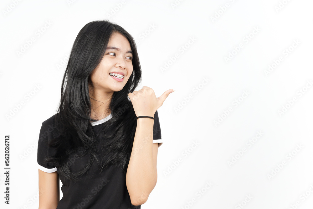 Presenting and Pointing Right Side Product Using Thumb Of Beautiful Asian Woman Isolated On White Presenting and Pointing Right Side Product Using Thumb Of Beautiful Asian Woman Isolated On White