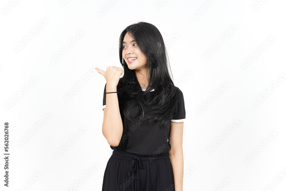 Presenting and Pointing Left Side Product Using Thumb Of Beautiful Asian Woman Isolated On White Presenting and Pointing Left Side Product Using Thumb Of Beautiful Asian Woman Isolated On White