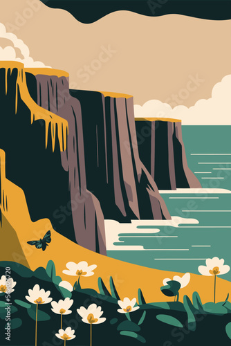 Cliffs of Moher and Burren Ireland tourist attraction vector illustration poster