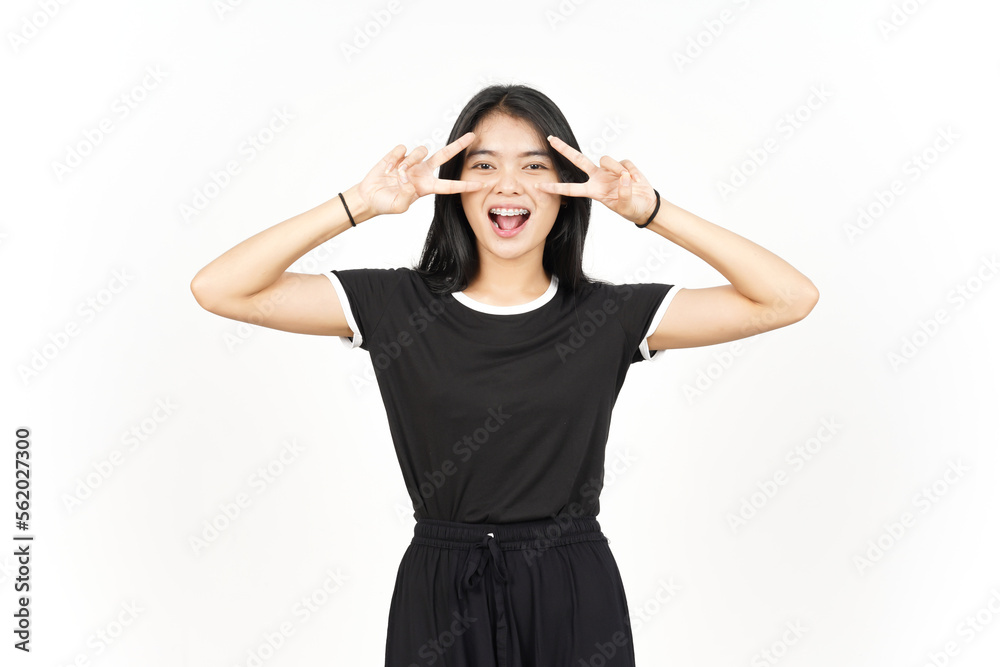 Showing Peace Sign on Eye Of Beautiful Asian Woman Isolated On White Background Showing Peace Sign on Eye Of Beautiful Asian Woman Isolated On White Background