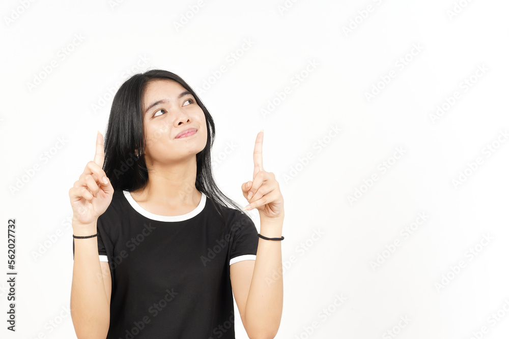 Smiling and Pointing Up showing blank copy space Of Beautiful Asian Woman Isolated On White Smiling and Pointing Up showing blank copy space Of Beautiful Asian Woman Isolated On White