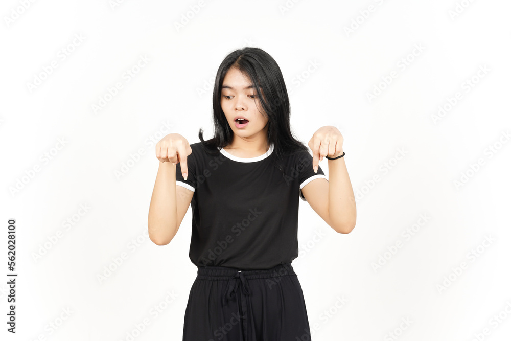 Shocked Face And Pointing Down showing blank copy space Of Beautiful Asian Woman Isolated On White Shocked Face And Pointing Down showing blank copy space Of Beautiful Asian Woman Isolated On White