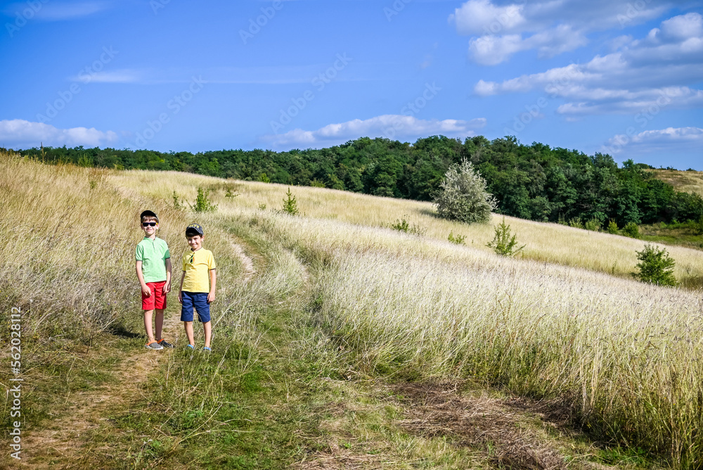 Two boys of school age are walking and admiring the view of the mountains, children in bright clothes. Travel with children summer concept
