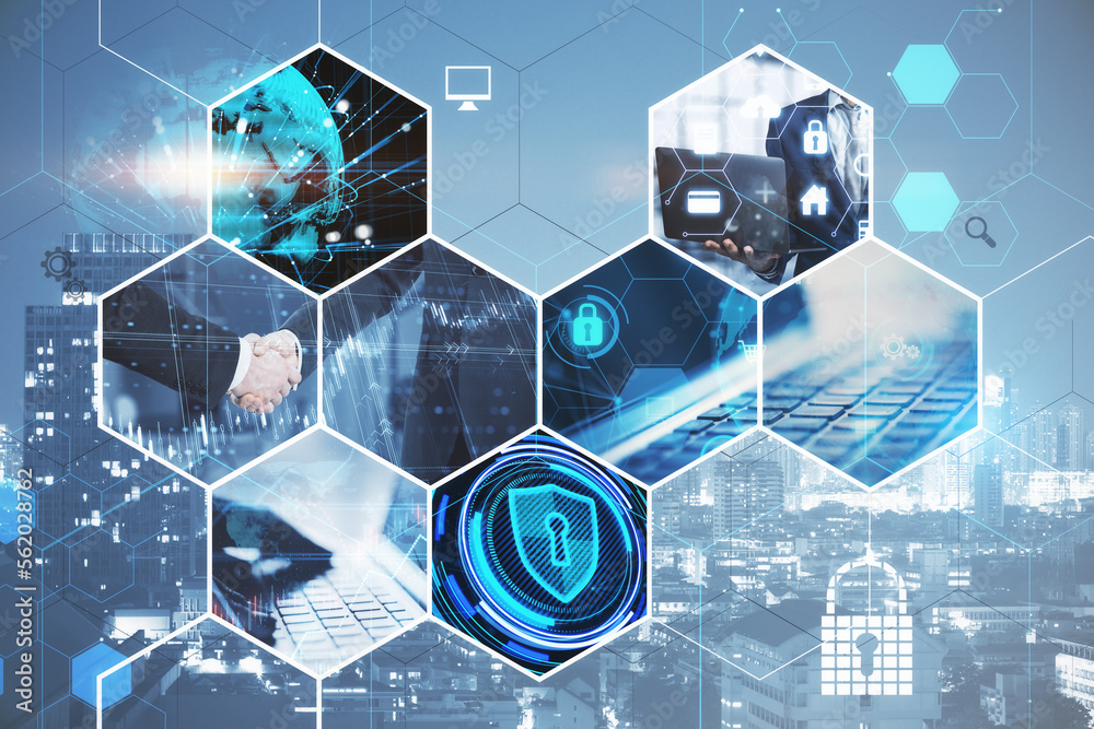 Fototapeta premium Creative business hexagons with different digital work concepts on blurry city Abackground. Double exposure.