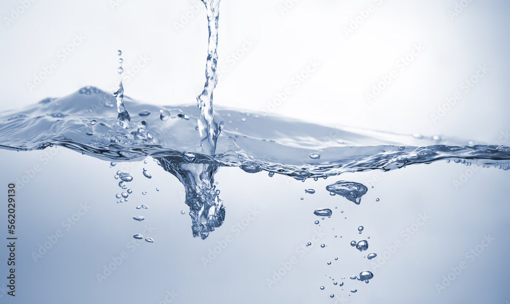 Water splash Aqua flowing in waves and creating bubbles Drops on the water surface feel fresh and clean isolated on white background. Water splash Aqua flowing in waves and creating bubbles Drops on the water surface feel fresh and clean isolated on white background.