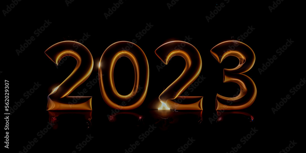 2023 year 3d text text on black, CGI 3d 4K and ai generated.