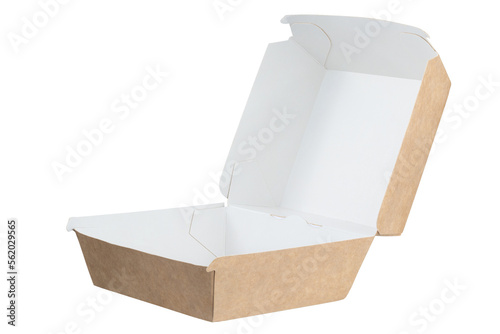 Craft open brown burger eco box isolated on white background. Eco-friendly food packaging. Full Depth of field. Focus stacking. Png
