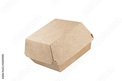 Craft brown burger eco box isolated on white background. Eco-friendly food packaging. Full Depth of field. Focus stacking. Png © uv_group