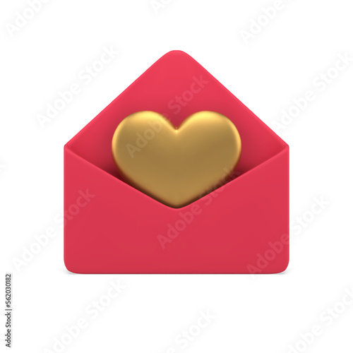 Red open envelope golden heart romantic letter email message cyberspace notification 3d icon vector