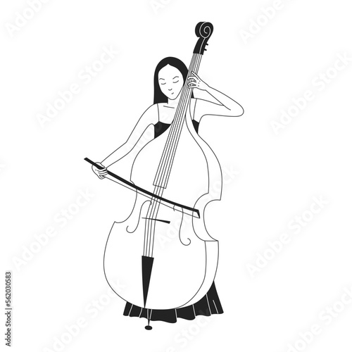 Young woman playing contrabass. Female contrabass artist. Elegant young girl and classical orchestral musical instrument. Classical musician. Vector illustration isolated on white background.