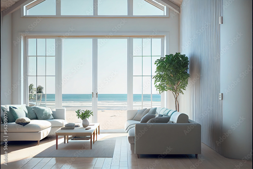 Large living room with a sea view in a lavish summer beach home, modern ...