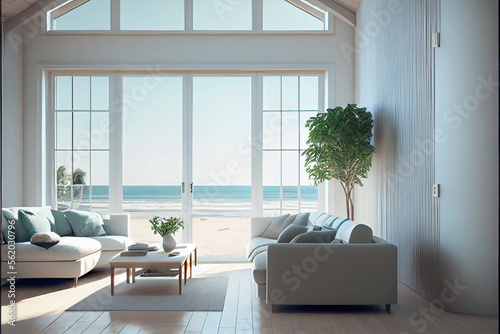 Large living room with a sea view in a lavish summer beach home, modern furniture. interior of a holiday house or villa - generative ai