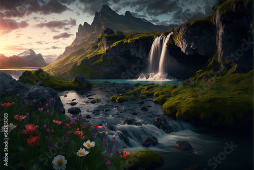 Landscape of Flower field, water fall and mountain. Generative AI.