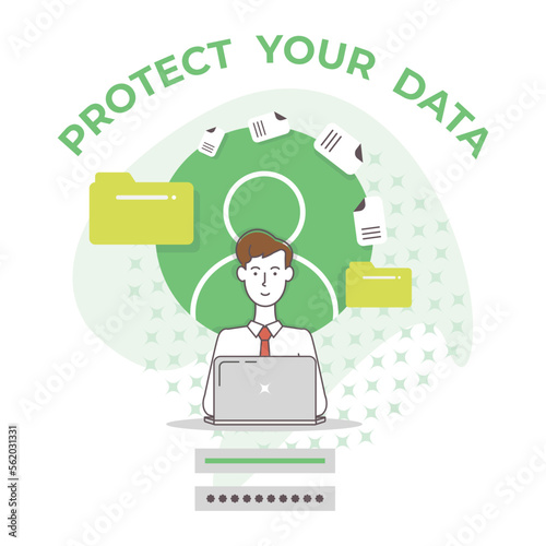 Vector illustration with concept of security of data. Young man - office worker is working and is coping files and folder with a laptop. Secure privacy data in internet. 
