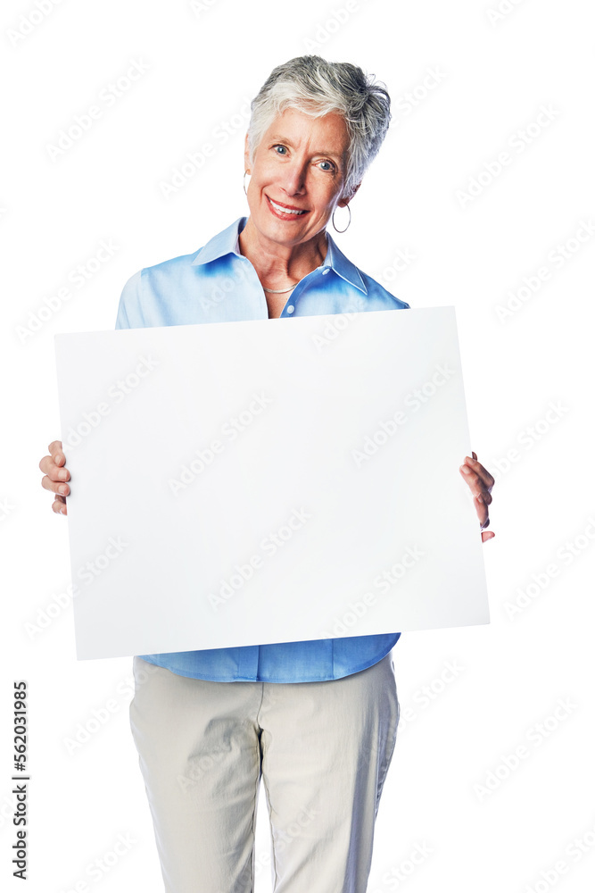 Poster, portrait mockup and senior woman with marketing placard, advertising banner or product placement. Studio mock up, billboard promotion sign and happy sales model isolated on white background Poster, portrait mockup and senior woman with marketing placard, advertising banner or product placement. Studio mock up, billboard promotion sign and happy sales model isolated on white background