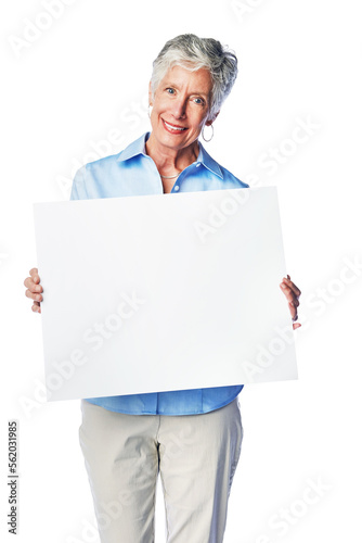 Poster, portrait mockup and senior woman with marketing placard, advertising banner or product placement. Studio mock up, billboard promotion sign and happy sales model isolated on white background