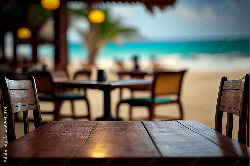 Beachside cafe, beach travel resort image of table and chairs with a bokeh background, tabletop display. Generative AI Beachside cafe, beach travel resort image of table and chairs with a bokeh background, tabletop display. Generative AI