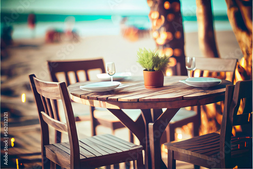 Beachside cafe, beach travel resort image of table and chairs with a bokeh background, tabletop display. Generative AI © Infinite Shoreline