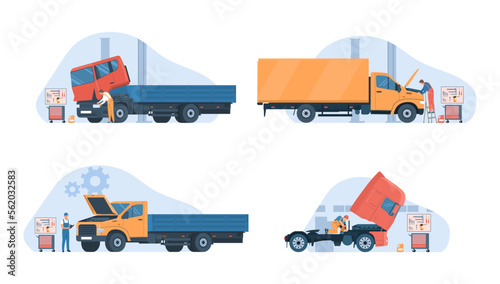 Truck repair, set of images. Vector illustration.