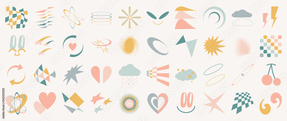 Set of memphis geometric shapes on white background. Abstract colorful Y2K pop art style icon element of star, heart, orbit, different shapes, grid, spiral. Design for decoration, logo, business, ads. Set of memphis geometric shapes on white background. Abstract colorful Y2K pop art style icon element of star, heart, orbit, different shapes, grid, spiral. Design for decoration, logo, business, ads.