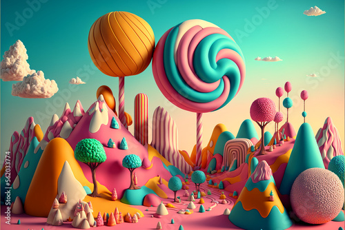 Candy hills. Candy landspace. Candy world. AI generation