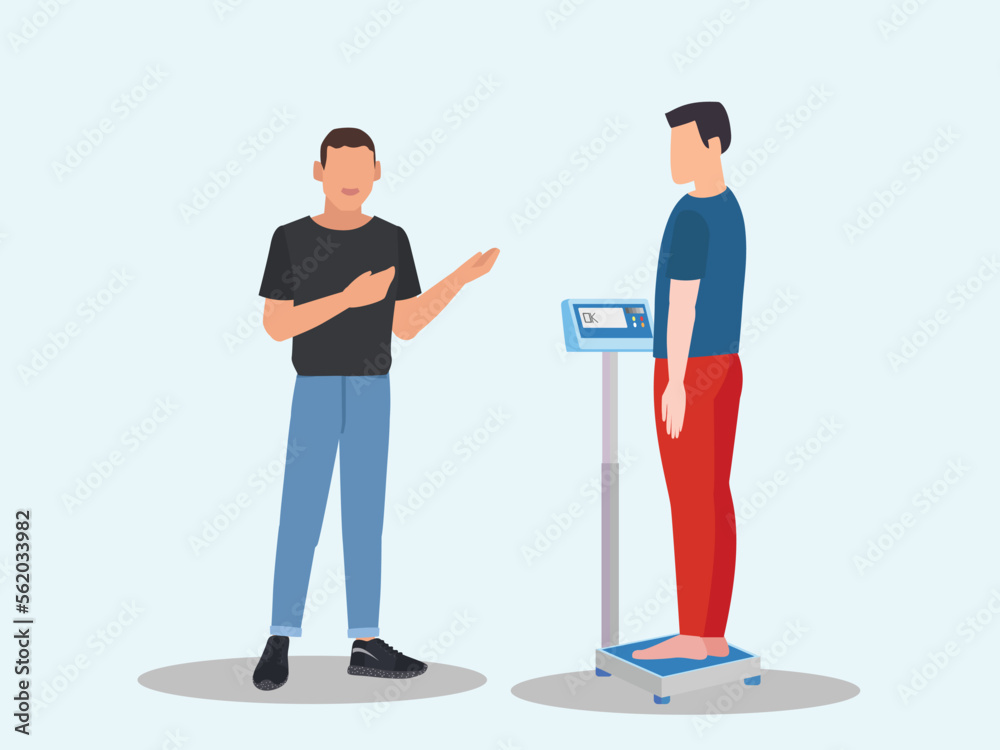 Body weight machine with a person measuring body weight. Concept of healthy lifestyle, dieting and fitness with Overweight. He measuring weight and scales with  tape measure to lose weight for health.