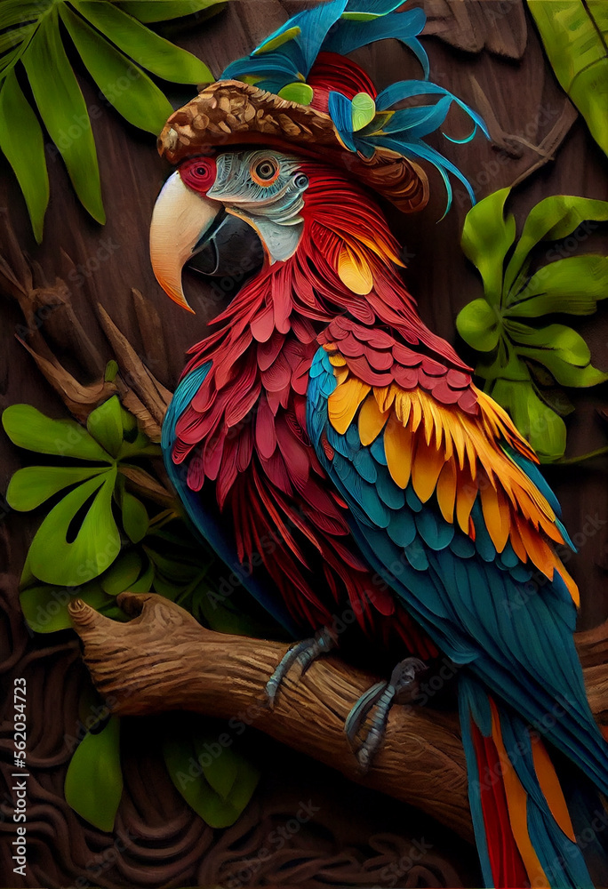Fototapeta premium Paper Cut Illustration of Colorful Parrot in Lush Jungle. Generative ai