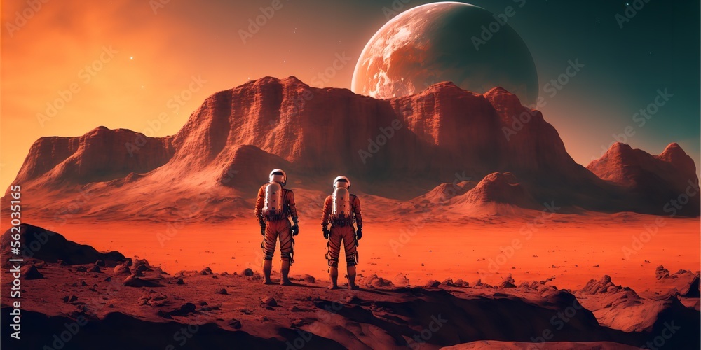 Astronaut on mars the red planet with alien UFO and modern technology machines.
