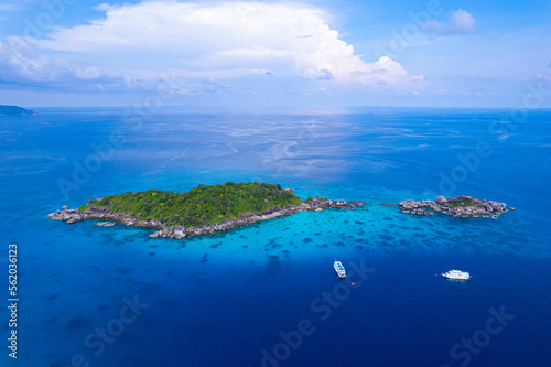 tropical island in the sea .aerial view of the Similan Islands, the Andaman Sea, with natural blue waters, tropical seas, impressive views of the island's beauty. The island is shaped like a heart.