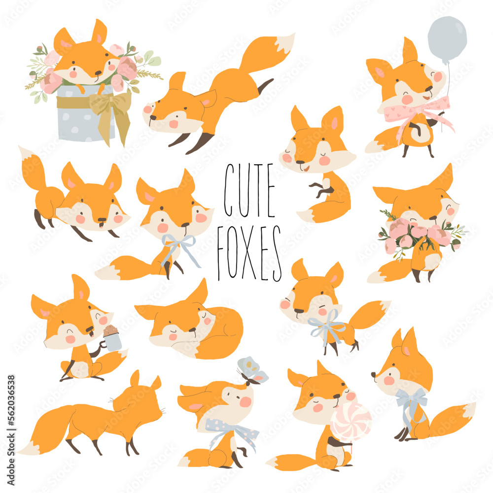 Cute Cartoon Set with Funny Red Foxes on White Background Cute Cartoon Set with Funny Red Foxes on White Background