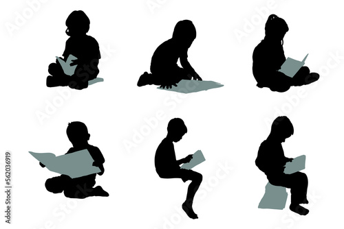 Set of silhouettes of little children reading story books vector design