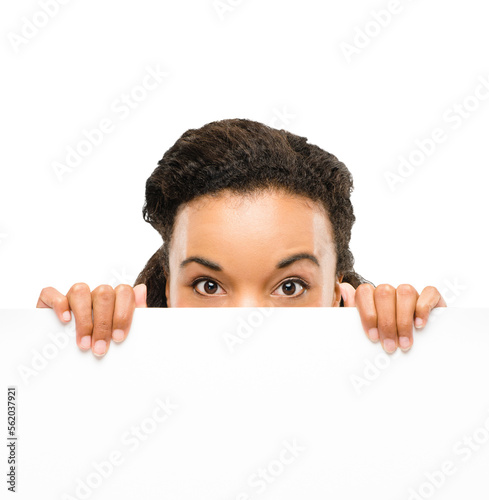 PNG Shot of a young businesswoman peeking out from behind a placard