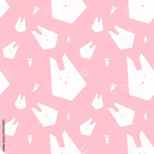 A white rabbit shaped like a plastic bag with a carrot wallpaper pattern illustration on a pastel pink background.